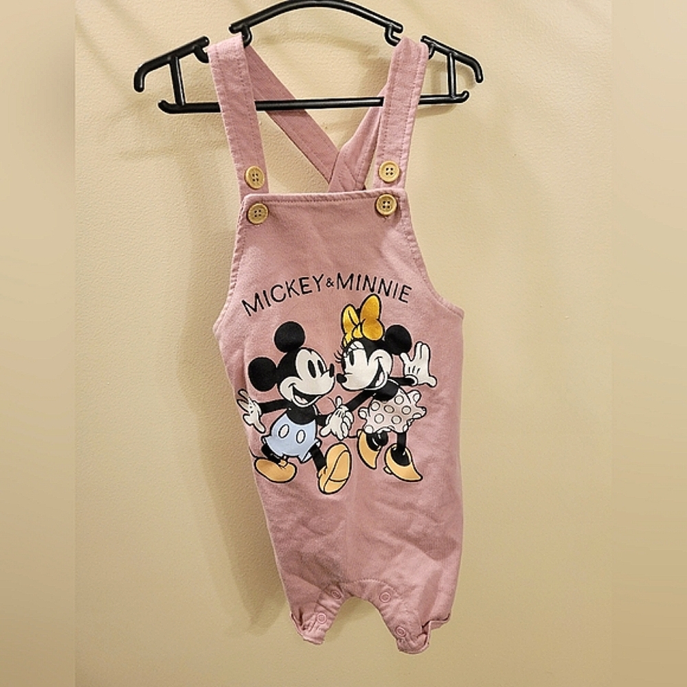 🩷5/15$ 12Mth Disney Minie And Mickey Mouse Baby Pink Overalls